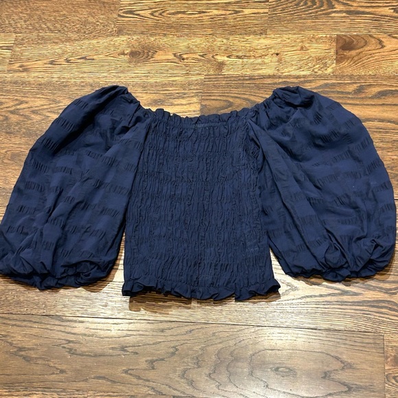 Anthropology Maeve Navy Puff Sleeve Smocked Top - Picture 7 of 8